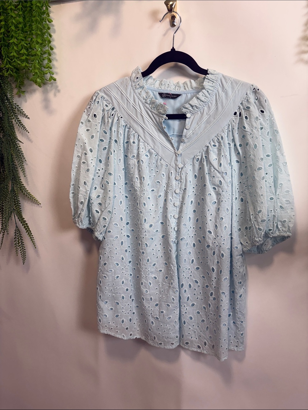 Light Blue Eyelet Puff-Sleeve Blouse with Ruffled Collar